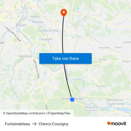 Fontainebleau to Chevry-Cossigny map