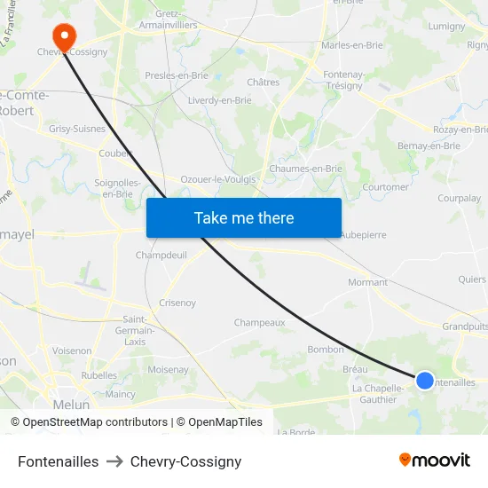 Fontenailles to Chevry-Cossigny map