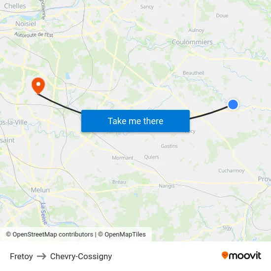 Fretoy to Chevry-Cossigny map