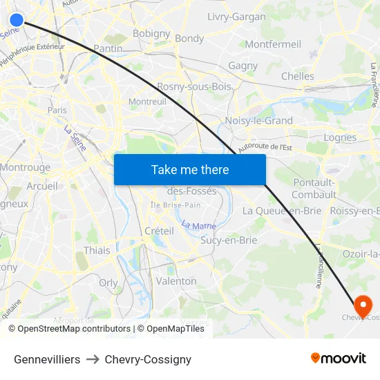 Gennevilliers to Chevry-Cossigny map