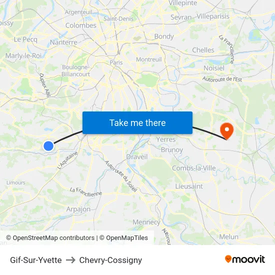 Gif-Sur-Yvette to Chevry-Cossigny map
