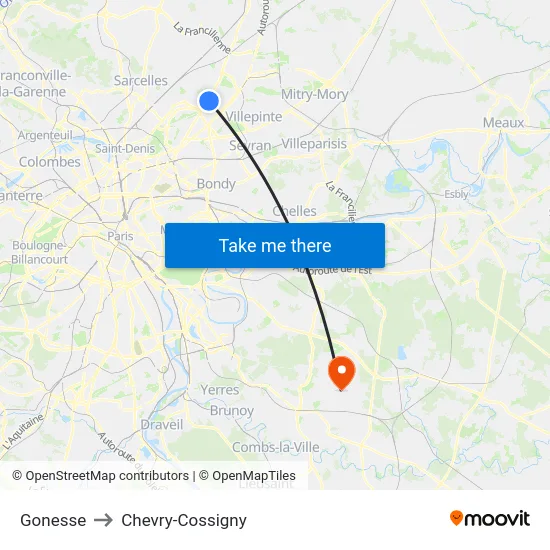 Gonesse to Chevry-Cossigny map