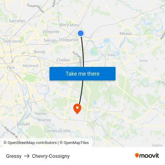 Gressy to Chevry-Cossigny map