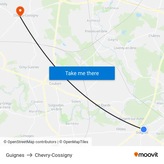 Guignes to Chevry-Cossigny map