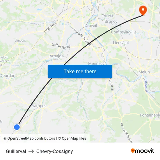 Guillerval to Chevry-Cossigny map
