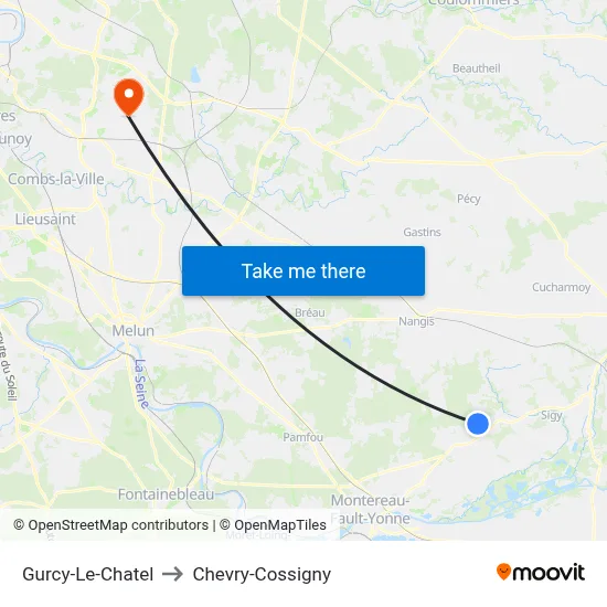 Gurcy-Le-Chatel to Chevry-Cossigny map