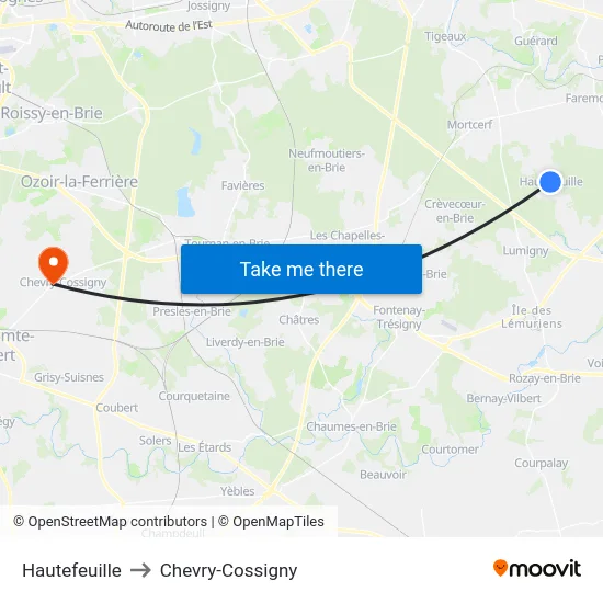 Hautefeuille to Chevry-Cossigny map