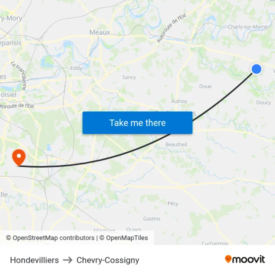 Hondevilliers to Chevry-Cossigny map