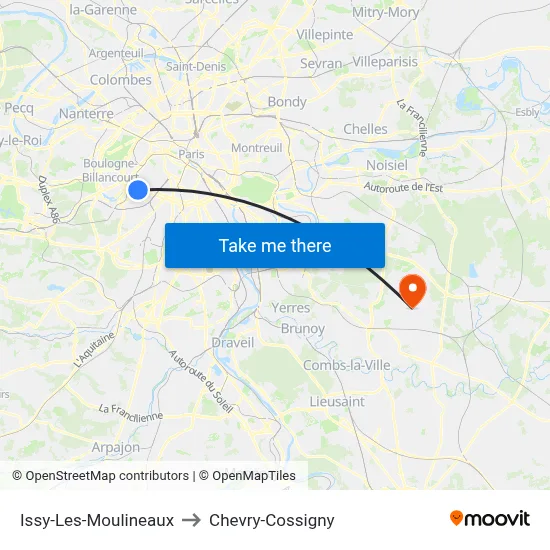 Issy-Les-Moulineaux to Chevry-Cossigny map