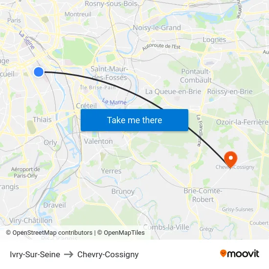 Ivry-Sur-Seine to Chevry-Cossigny map