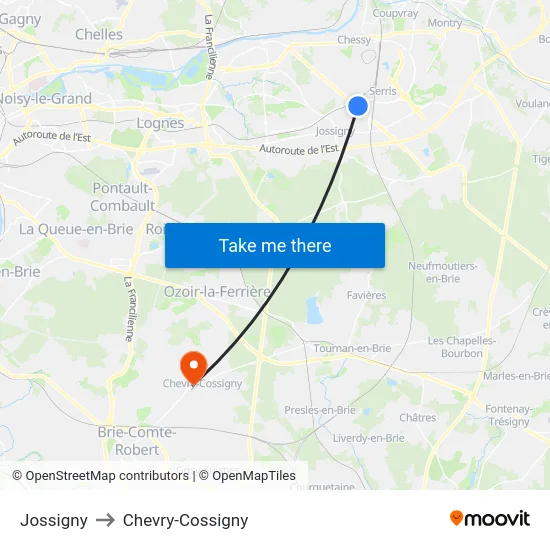 Jossigny to Chevry-Cossigny map