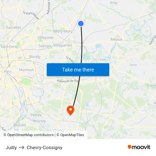 Juilly to Chevry-Cossigny map