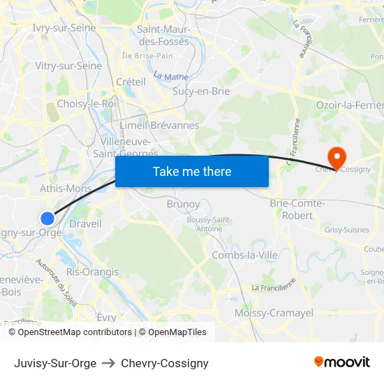 Juvisy-Sur-Orge to Chevry-Cossigny map