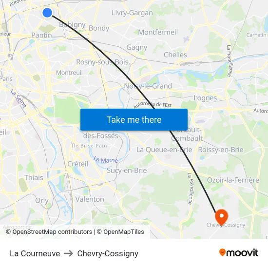 La Courneuve to Chevry-Cossigny map