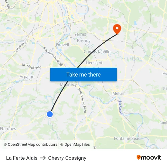 La Ferte-Alais to Chevry-Cossigny map
