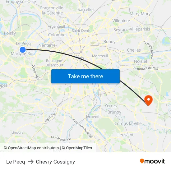 Le Pecq to Chevry-Cossigny map