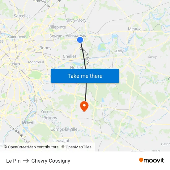 Le Pin to Chevry-Cossigny map