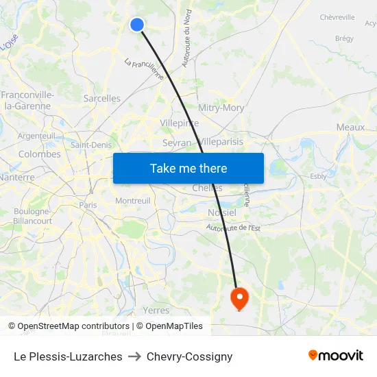Le Plessis-Luzarches to Chevry-Cossigny map