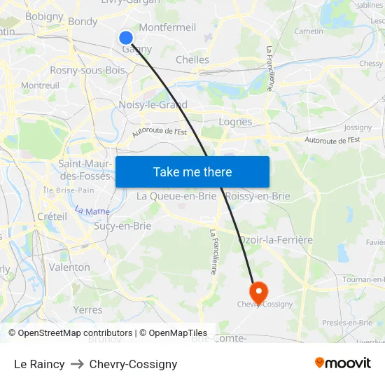 Le Raincy to Chevry-Cossigny map