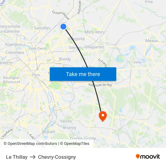 Le Thillay to Chevry-Cossigny map