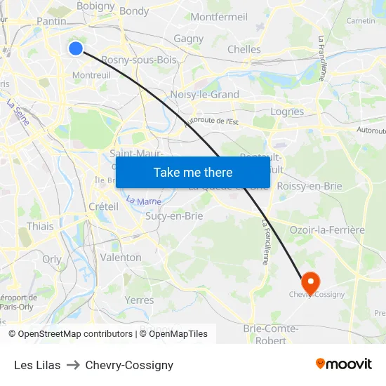 Les Lilas to Chevry-Cossigny map