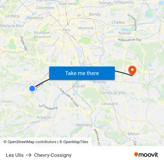 Les Ulis to Chevry-Cossigny map