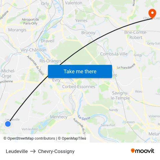 Leudeville to Chevry-Cossigny map