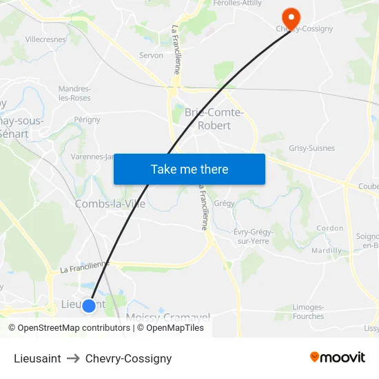Lieusaint to Chevry-Cossigny map