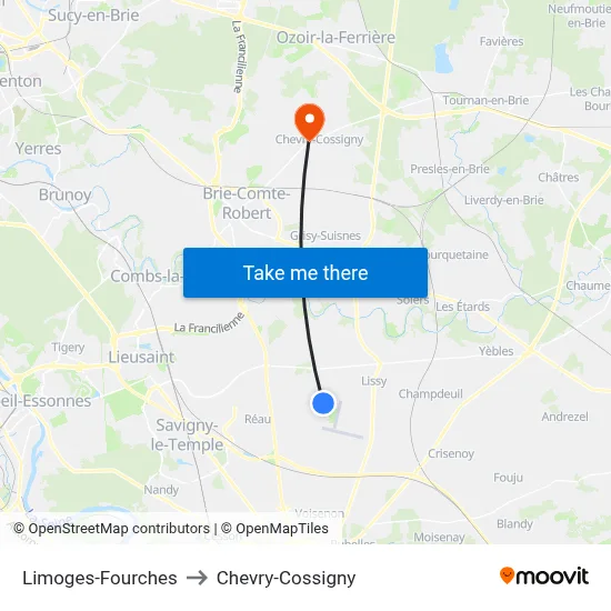 Limoges-Fourches to Chevry-Cossigny map