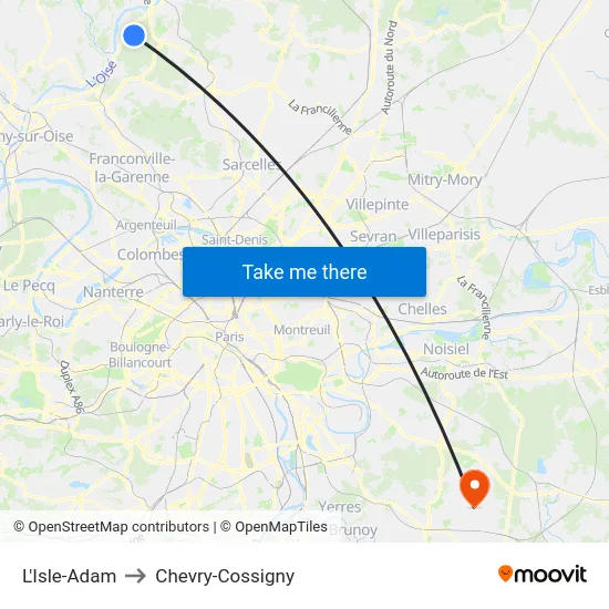 L'Isle-Adam to Chevry-Cossigny map