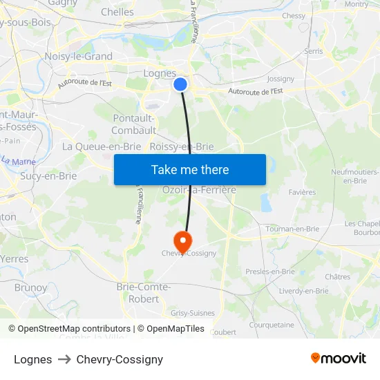 Lognes to Chevry-Cossigny map