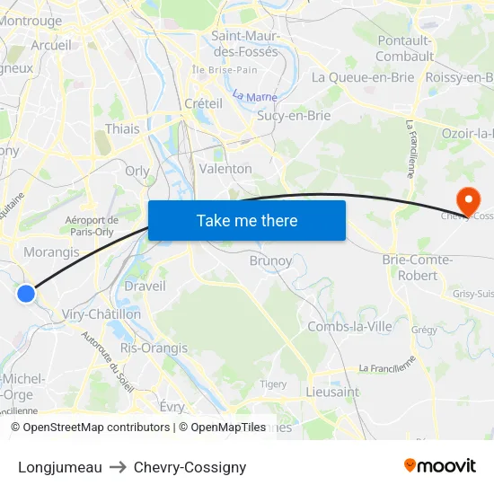Longjumeau to Chevry-Cossigny map