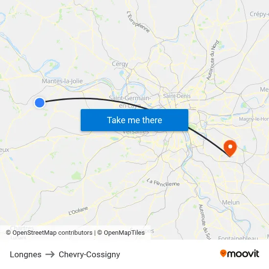 Longnes to Chevry-Cossigny map