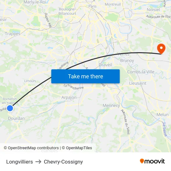Longvilliers to Chevry-Cossigny map