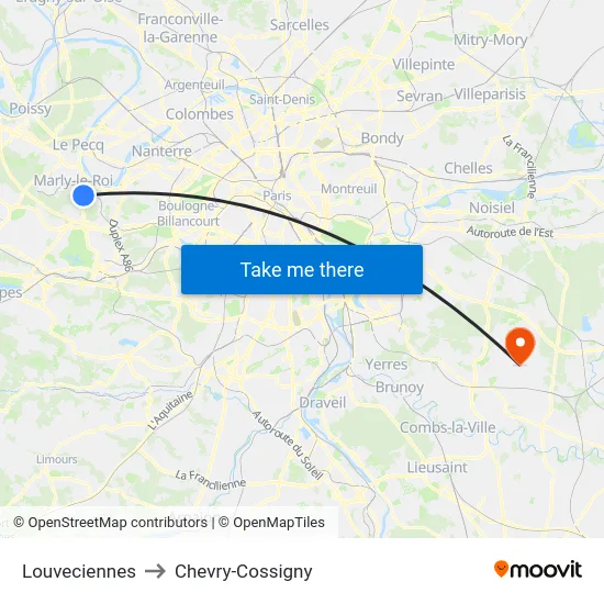 Louveciennes to Chevry-Cossigny map