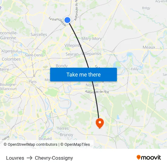 Louvres to Chevry-Cossigny map