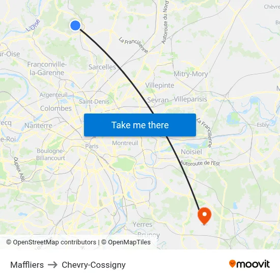 Maffliers to Chevry-Cossigny map