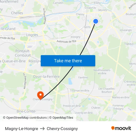 Magny-Le-Hongre to Chevry-Cossigny map