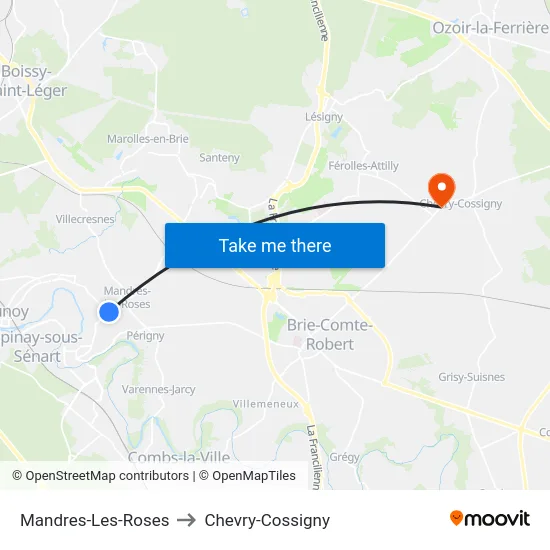 Mandres-Les-Roses to Chevry-Cossigny map