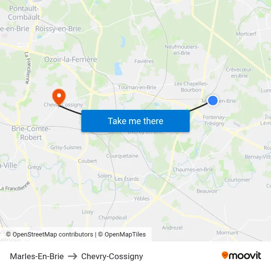 Marles-En-Brie to Chevry-Cossigny map