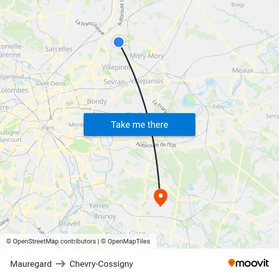 Mauregard to Chevry-Cossigny map