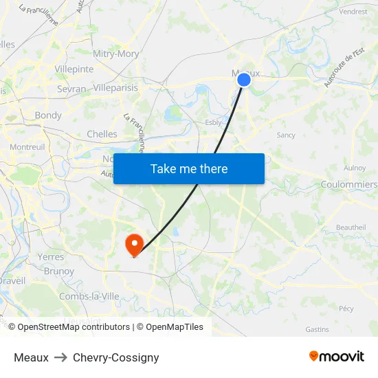 Meaux to Chevry-Cossigny map