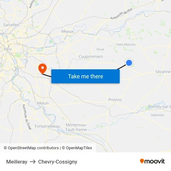 Meilleray to Chevry-Cossigny map