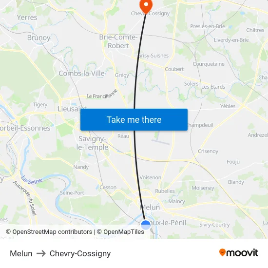 Melun to Chevry-Cossigny map