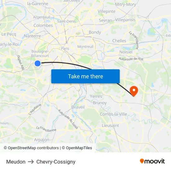 Meudon to Chevry-Cossigny map