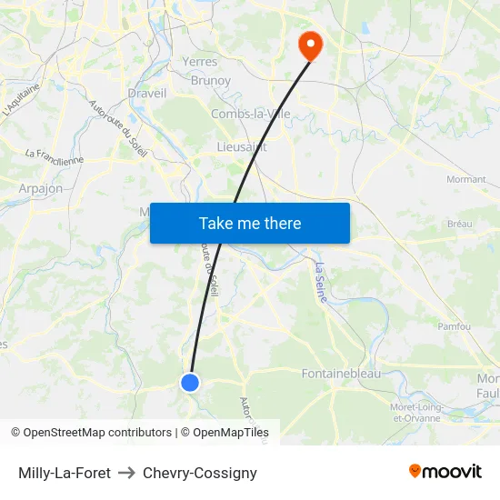Milly-La-Foret to Chevry-Cossigny map