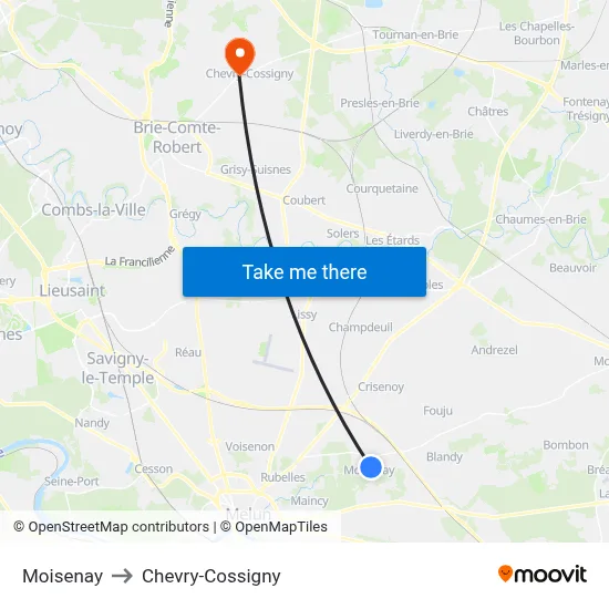 Moisenay to Chevry-Cossigny map