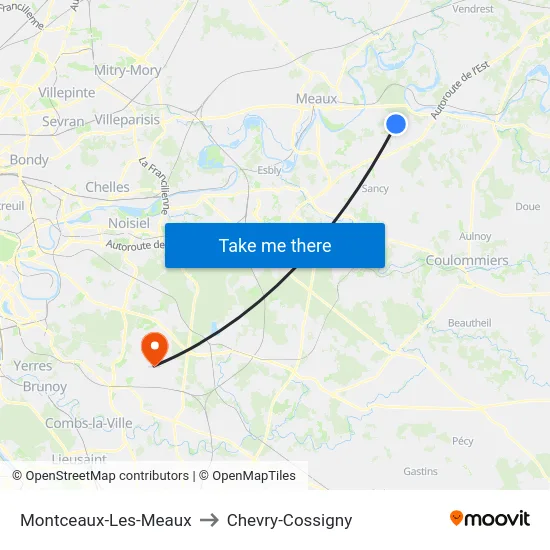 Montceaux-Les-Meaux to Chevry-Cossigny map
