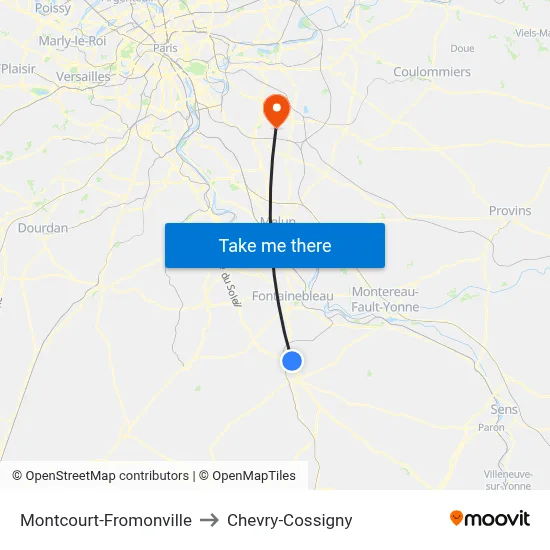 Montcourt-Fromonville to Chevry-Cossigny map