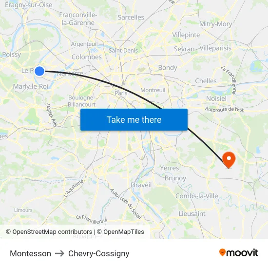 Montesson to Chevry-Cossigny map